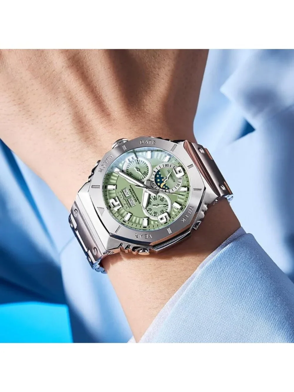 Men's Silver Case-Green Dial Automatic Mechanical Multi-Function Luxury Watch
